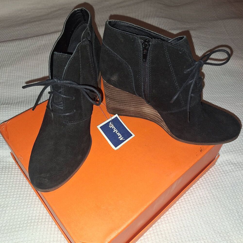 New with tags-black suede Beauties wedge heeled zipper side boots 8-8.5